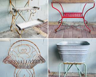 Rustic outdoor patio and garden decor, vintage plant stand, galvanized, metal tub wash basin on stand