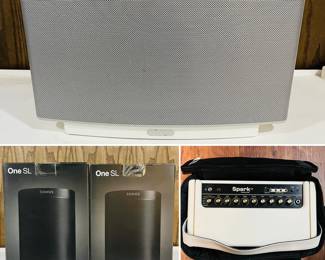 Sonos Five wireless speaker, two Sonos One SL speakers and a Positive Grid Spark GO portable smart guitar amplifier. 