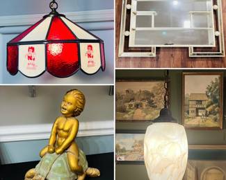 Game room Husker light, Vintage Italian Boy on Tortoise Chalkware Statue Sculpture, MCM shadow box, and a Vintage Hollywood regency pendent light