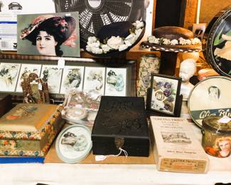 Antique prints including Harrison Fisher, black celluloid photo box