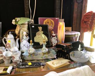 Dresser tray and bottles with handpainted violets, ribbon lady