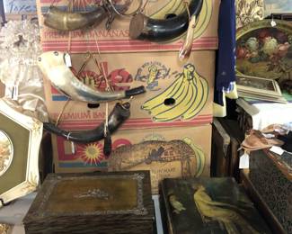 Powder horns and celluloid dresser boxes
