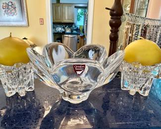 Orefors tulip bowl and other pretty glass decor.