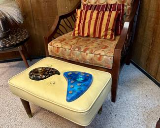 Mid century vinyl ottoman and fun retro ashtrays!