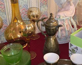 Turkish Coffee Pot - Decanter with 4 Goblets - Angel Figurine - Vaseline Glass 