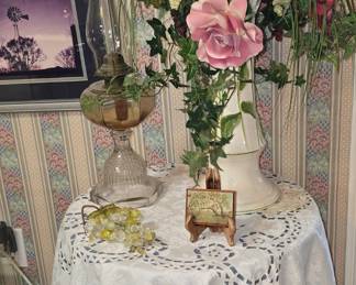 Round Side Table - Artificial Flower Arrangement- Oil Lamp
