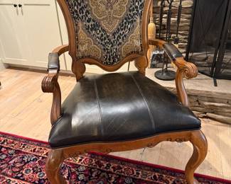 Arm chair with leather seat and tapestry back