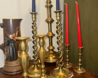 Collection of Brass Candle Holders, Vintage Beleek Tankard