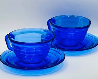 (2) Cobalt Blue Hazel Atlas Moderntone Depression Glass Teacups & Saucers
