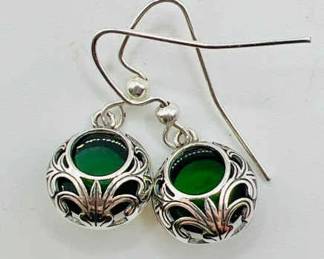 Sterling Silver & Antique Emerald Glass Earrings by Laura Bergman
