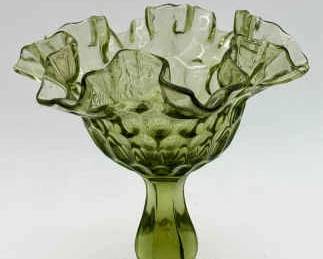 Fenton Colonial Green Thumbprint Ruffled Compote
