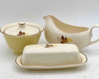 vintage Taylor, Smith & Taylor "Leaf O' Gold" Butter Dish, Gravy Boat & Sugar Bowl
