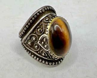 Ornate Tiger Eye 800 Coin Silver Ring — Size 8
