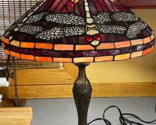 23” Cranberry-Orange Dragonfly Stained Glass Lamp
