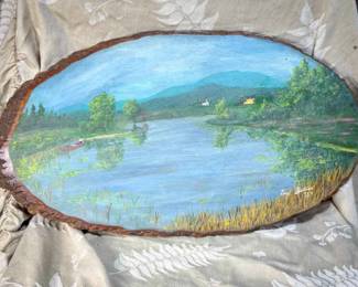 Hand-Painted Landscape on Wood Slab – Signed 1984
