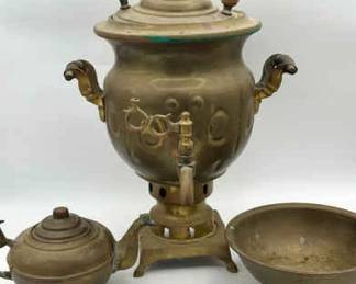 antique brass samovar & (2) Brass Items
