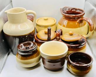 Collection of Crocks, Pitchers & Pottery in Brown Tones
