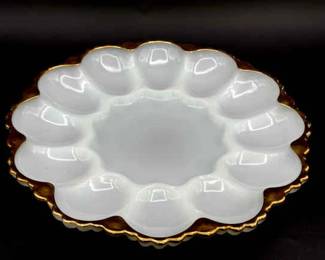 Anchor Hocking Fire King Milk Glass Deviled Egg Plate with gold trim
