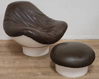 Mario Bruni Rodica-style leather and fiberglass mid century lounge chair with ottoman