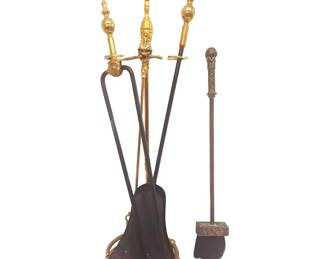 Brass and Iron Hand Made Fireplace Tool Set With Stand