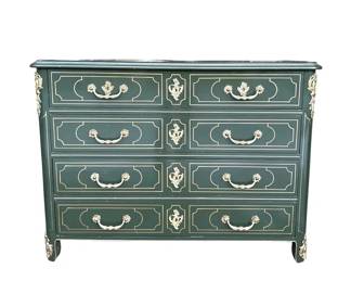 Original Baker Collector's Edition Hand Painted Green and Gold Lacquered Four-Drawer Occasional Chest