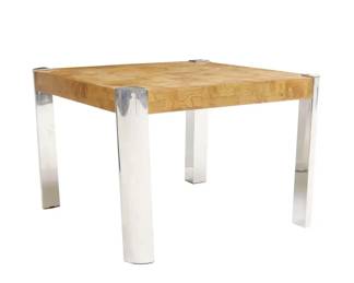 1970s Vintage Milo Baughman Style Burlwood and Chrome Square Coffee Table