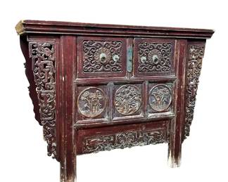 Antique Chinese Carved and Painted Elm Altar Table