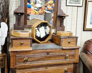 Antique Eastlake chest of drawers w/ mirror and marble between dresser boxes