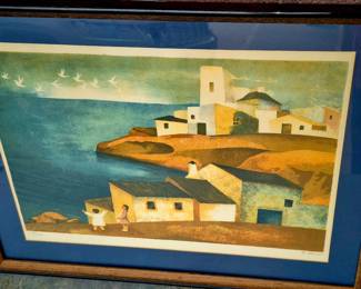Much framed artwork from 3 different estates and families. "Village on a Hill" lithograph by Ramon Llovet signed and numbered 217/275.