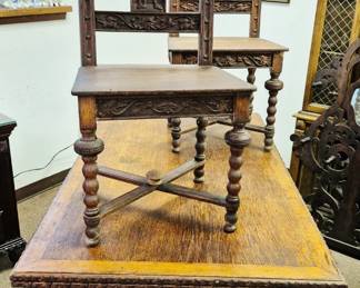 Antique 3 pcs. carved oak Flemish dining table w/ 2 caved chairs