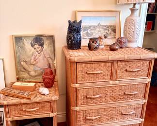 Vintage Pottery Barn wicker chest of drawers and side table