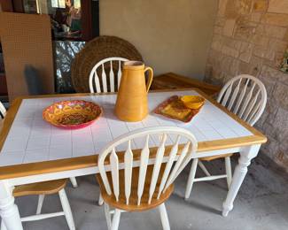 oak & tile top indoor / outdoor table with 4 chairs