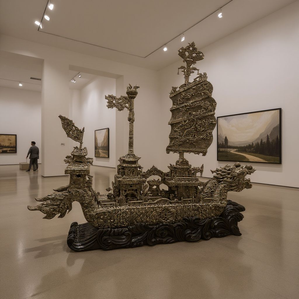 This monumental sculpture is a breathtaking example of traditional Chinese carving, rendered with a level of intricacy and skill that is rarely seen in a material as prized as jade. Meticulously carved from this venerated stone, this lot includes a detailed dragon ship and a separate, removable "shield of arms" that functions as its sail. The shield is a masterpiece in its own right, with a complex, openwork design featuring mythological dragons and symbolic characters. In Chinese culture, jade holds deep symbolic meaning, representing nobility, immortality, and power. This piece is not just a sculpture; it is a celebration of Chinese mythology and naval history, and its size and complexity make it an incredible centerpiece for any collection of Asian art.
