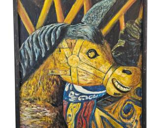 This is a unique and captivating work of art, a bold and expressive modernist painting titled "Capriccios." The piece features a stylized and imaginative depiction of two horses, reminiscent of carousel or rocking horses, rendered in a vibrant palette of yellow, blue, and black against a dramatic background. The artist has used a thick, painterly application of what appears to be oil or acrylic, creating a dynamic texture and a strong visual presence. This painting is a testament to the power of imaginative expression and raw talent, making it a highly compelling piece for collectors of folk art and modern art who seek works with a distinct and memorable personality.
