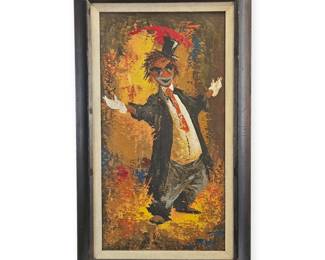This is a visually dynamic and emotionally resonant original painting by the French artist Jacques Henri Guyot. This captivating work captures the classic figure of a clown in a top hat, rendered with a powerful and expressive impasto technique. The artist uses a rich, earthy palette of browns and ochre, punctuated by striking splashes of red and blue, to give the piece a raw and visceral energy. This painting is a wonderful example of mid-20th-century figurative abstraction, masterfully conveying a sense of character and pathos that will make it a compelling focal point in any collection of modern European art.
