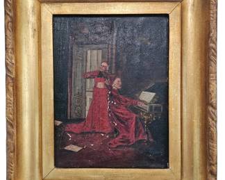 This is an extraordinary opportunity to acquire an original, hand-painted oil painting in the highly sought-after style of the renowned 19th-century French artist, Jehan Georges Vibert. This is not a mass-produced copy or print, but a unique work of art featuring visible brushstrokes, a distinct paint texture, and extensive craquelure—all authentic characteristics of an aged oil painting on canvas. Directly inspired by Vibert's popular and often humorous depictions of cardinals and clergy, this captivating piece portrays a private and intimate scene of two cardinals engrossed in a musical performance, one playing the violin and the other the piano, with a palpable sense of character and charm. The rich, vibrant red of their robes and the meticulously rendered details of the setting underscore the skill of the artist who worked in the influential style of the master.
