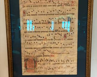 Framed Illuminated leaf on vellum with Gregorian chant from Book of Hours, 14th-16th century