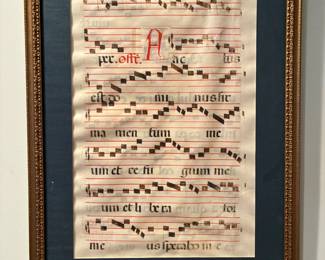 Framed Illuminated leaf on vellum with Gregorian chant, 14th-16th century,  23rd Psalm