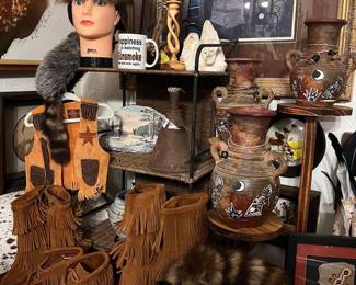 Minnetonka fringe boots, fur hats, racoon mink and collars, moccasins and more