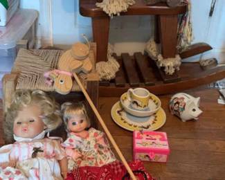 Vintage Toys rocking Horse, Dolls, Piggy Bank, Etc.