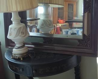 Side Table, Lamp, Decorative Mirror With Shelves 