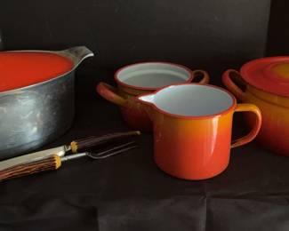 Vintage Red orange Cookware Set , Carving Set , Griswold Roaster 