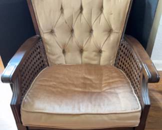 Vintage Cane Arm Chair with Velvet Champagne Upholstery 