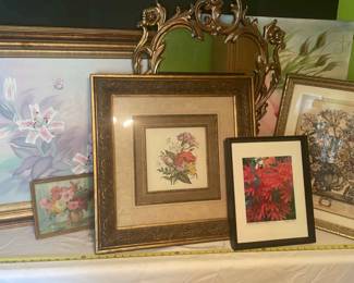 Variety Of Floral Vintage Framed Art Work And Vintage Mirror