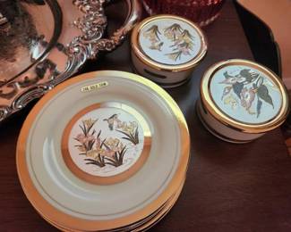 24K Gold Rim Salad / Dessert Plates and Trinket Boxes