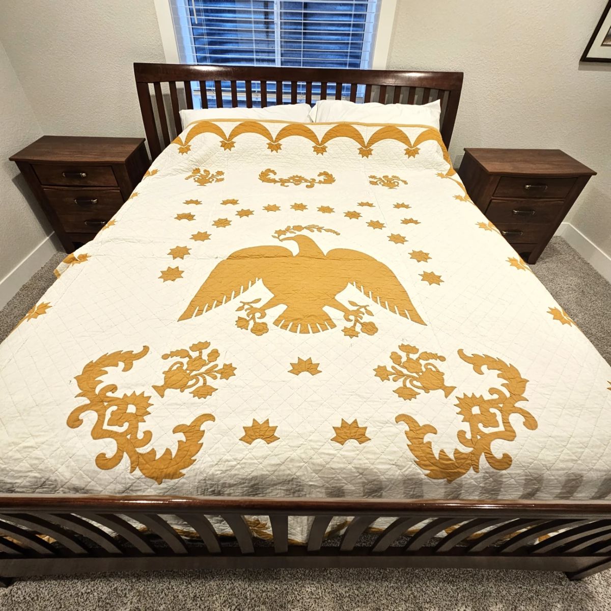Antique Patriotic Eagle Appliqué Quilt White & Gold Cotton Hand Stitched 19th C. Documented