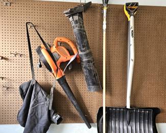  Lot of Garage Essentials: Electric Black and Decker Blower Vac Plus Two Snow Shovels and Light Bulb Changer