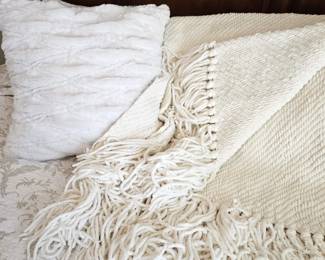 Snuggly Pairing of White Soft Faux Fur Square Throw Pillow 16" - Plus Fun Chenille Knitted Throw
