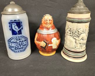 Lot of 3 Vintage German Beer Steins – Character Monk, “Ich Sing Mein Lied” Blue Stein, Tavern Scene Relief