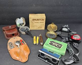 - VTG Outdoor Gear & Tools Lot – Brunton Pocket Transit, Compasses, Pocket Knives, Opera Glasses, Headlamps, Camping